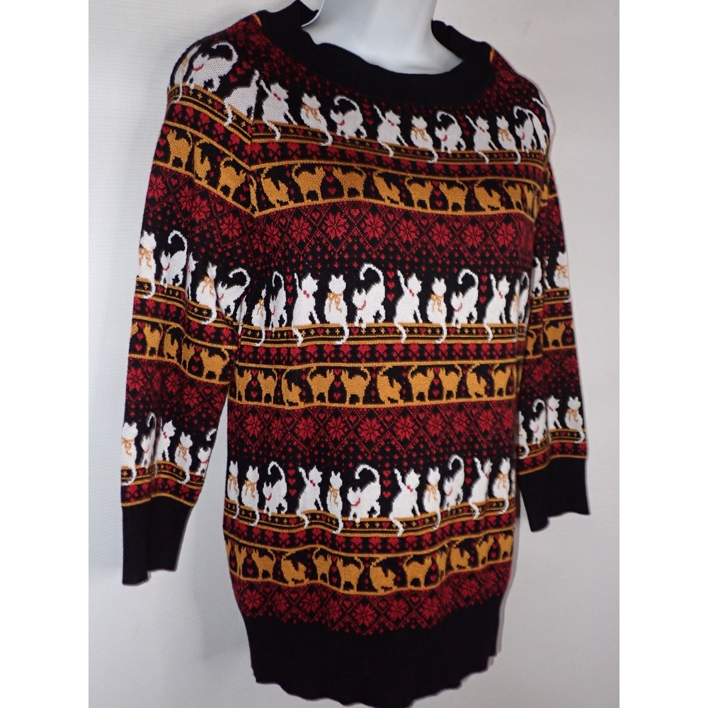 Unique Vintage Women's Cat Fair Isle Knit Sweater Black Red White Size XS/S - Picture 3 of 5